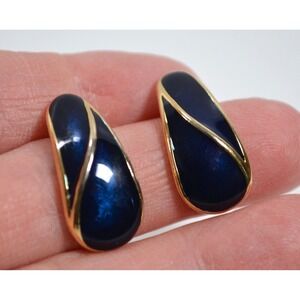 Trifari Gold Tone Pierced Curved Earrings Deep Blue Enamel Coating Design 1"